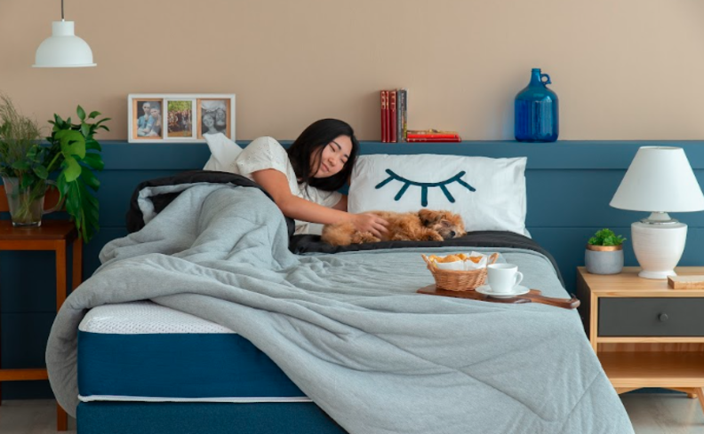 qual a melhor posição para dormir, mulher deitada de lado com um cachorro em uma cama