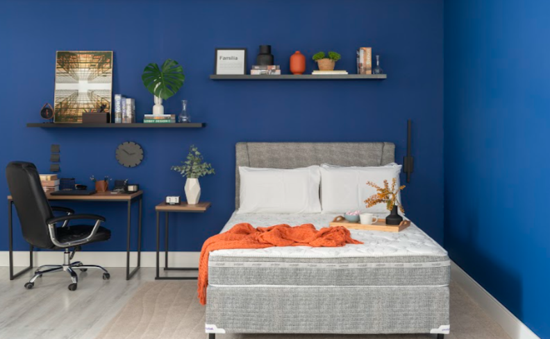 quarto de visita e escritório juntos com cama, escrivaninha, cadeira de escritório, prateleiras e itens de decoração como quadros, vasos com plantas e adornos de mesa.