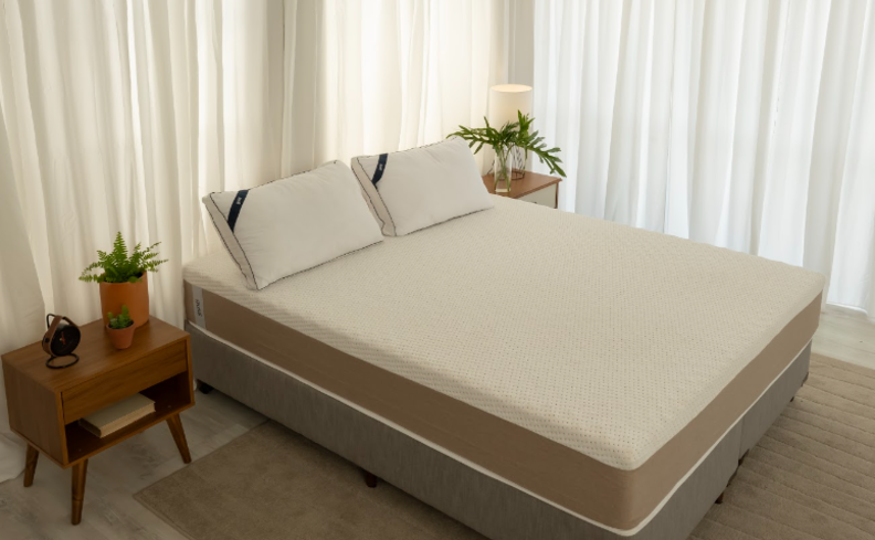 dicas para saber qual melhor colchão de casal em um quarto com cama, colchão, dois travesseiros, mesas de cabeceira, tapete e vasos com plantas.