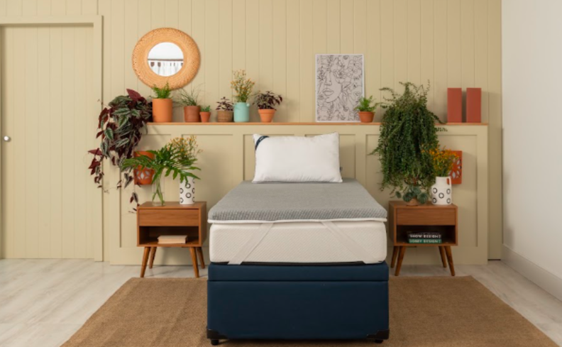 aromaterapia em um quarto com cama de solteiro, pillow top, travesseiro, duas mesas de cabeceira, espelho e diversos vasos com plantas.